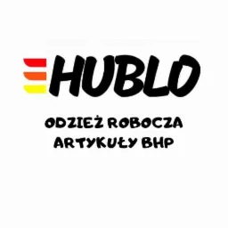 Logo firmy HUBIO oferującej odzież roboczą i artykuły BHP z trzema poziomymi paskami w kolorach czerwonym, pomarańczowym i żółtym po lewej stronie napisu.