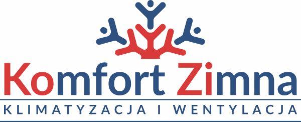 Logo firmy Komfort Zimna, z napisem 'Klimatyzacja i Wentylacja' oraz stylizowanymi ludzikami w kolorach czerwonym i niebieskim.