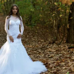 Kobieta w białej sukni ślubnej z długimi rękawami, pozująca w jesiennym lesie, z opadłymi liśćmi na ziemi.