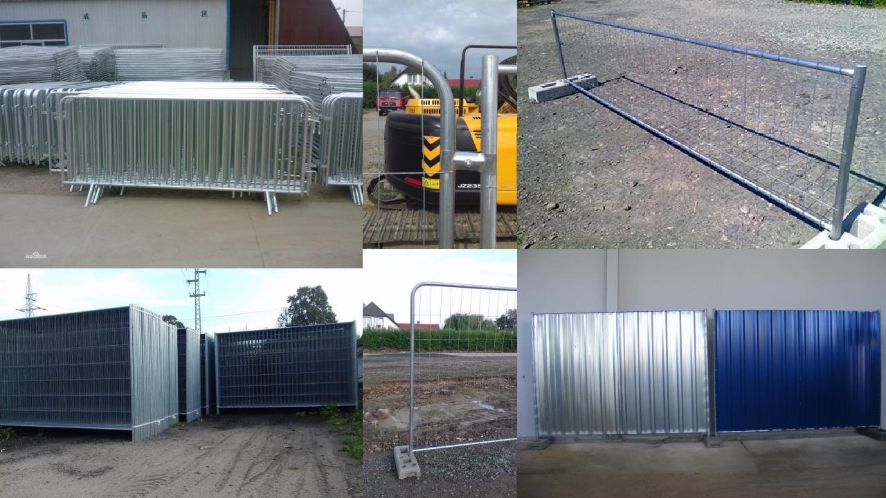 Kompozycja zdjęć prezentująca różne typy tymczasowych ogrodzeń: barierki metalowe w magazynie, ogrodzenie z siatki na budowie z koparką w tle, panel ogrodzeniowy z siatki z betonową podstawą...