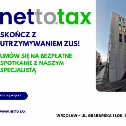 Netto.tax: Umów się na bezpłatne spotkanie ze specjalistą. Wrocław, ul. Grabarska 1 lok. 303. Budynek biurowy w tle.