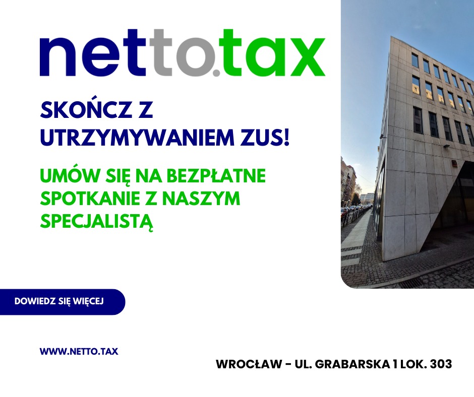 Netto.tax: Umów się na bezpłatne spotkanie ze specjalistą. Wrocław, ul. Grabarska 1 lok. 303. Budynek biurowy w tle.