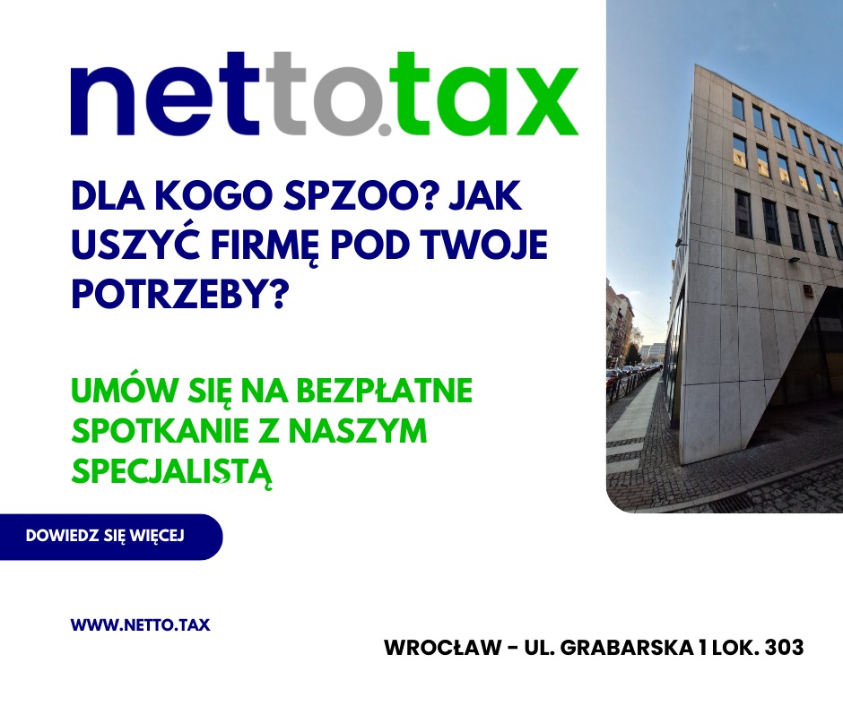 Netto.tax - reklama usług dla firm: rejestracja spółek, doradztwo podatkowe. Budynek biurowy we Wrocławiu, ul. Grabarska 1 lok. 303. Darmowe spotkanie ze specjalistą.