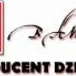 Logo firmy z czerwonym kwadratem zawierającym stylizowaną dłoń z włóczkami, napisem 'PRODUCENT DZIANIN' i ozdobnym, odręcznym napisem powyżej.