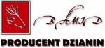 Logo firmy z czerwonym kwadratem zawierającym stylizowaną dłoń z włóczkami, napisem 'PRODUCENT DZIANIN' i ozdobnym, odręcznym napisem powyżej.