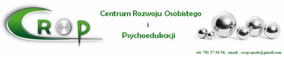 Logo Centrum Rozwoju Osobistego i Psychoedukacji 'CROP' z zielonymi literami i srebrną kulą wkomponowaną w nazwę, obok zestaw srebrnych kul i dane kontaktowe.