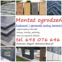 Kompozycja zdjęć prezentująca różnorodne elementy architektury ogrodowej: schody, fragmenty ogrodzeń z kostki, palisady, oraz przykłady ułożenia kostki brukowej, z nakładką tekstową oferującą...