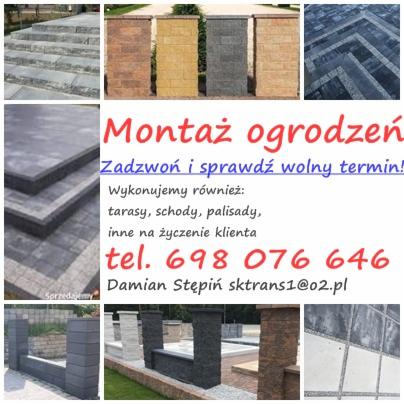 Kompozycja zdjęć prezentująca różnorodne elementy architektury ogrodowej: schody, fragmenty ogrodzeń z kostki, palisady, oraz przykłady ułożenia kostki brukowej, z nakładką tekstową oferującą...