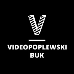 Logo firmy Videopoplewski z Buku, przedstawiające literę V z ukośnymi paskami, umieszczoną nad nazwą firmy.