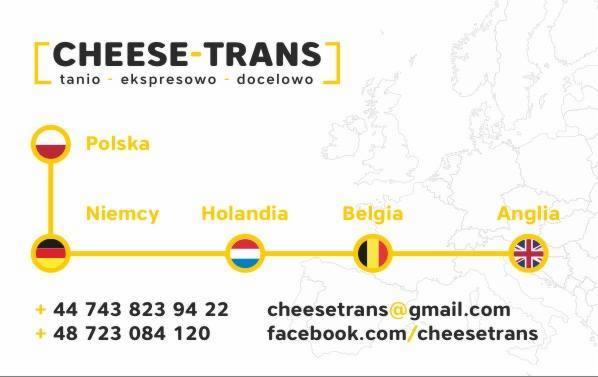 Infografika firmy transportowej Cheese-Trans z mapą Europy, wskazująca trasy z Polski przez Niemcy, Holandię, Belgię do Anglii, uzupełniona o dane kontaktowe: numery telefonów, adres e-mail...