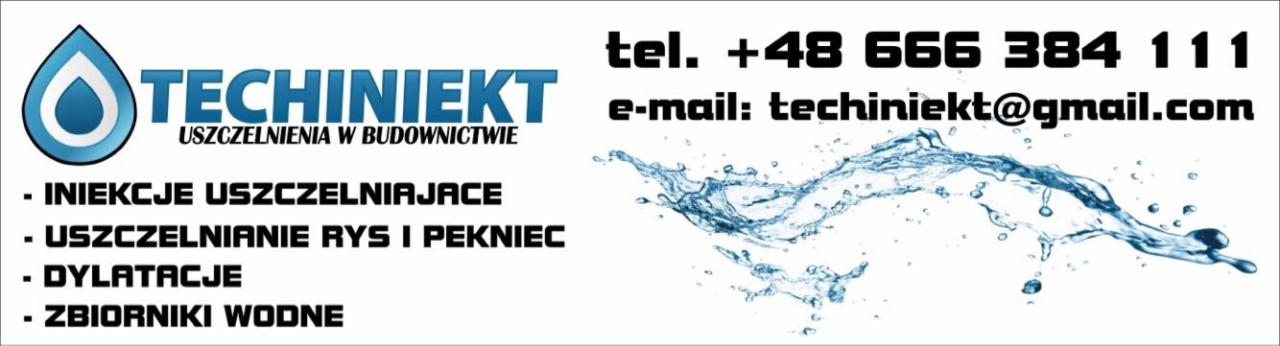 Logo firmy Techiniekt z kroplą wody, oferującej iniekcje uszczelniające, uszczelnianie rys i pęknięć, dylatacje oraz zbiorniki wodne, z podanym numerem telefonu i adresem e-mail.
