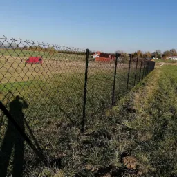 Długi fragment czarnej siatki ogrodzeniowej na słupkach, rozciągnięty wzdłuż zielonego pola, z cieniem osoby fotografującej w lewym dolnym rogu i czerwonym busem w tle.