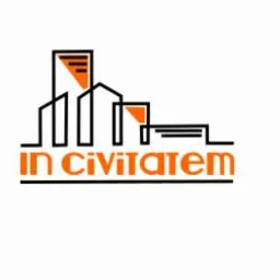 Stylizowane logo przedstawiające zarys budynków w kolorze czarnym z pomarańczowymi akcentami, umieszczone nad napisem 'in civitatem' w kolorze pomarańczowym, z czarną linią pod napisem.