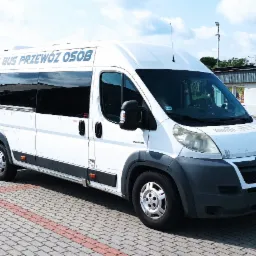 Biały bus z napisem 'Skiba Bus' i numerem telefonu na boku, zaparkowany na parkingu z kostki brukowej.