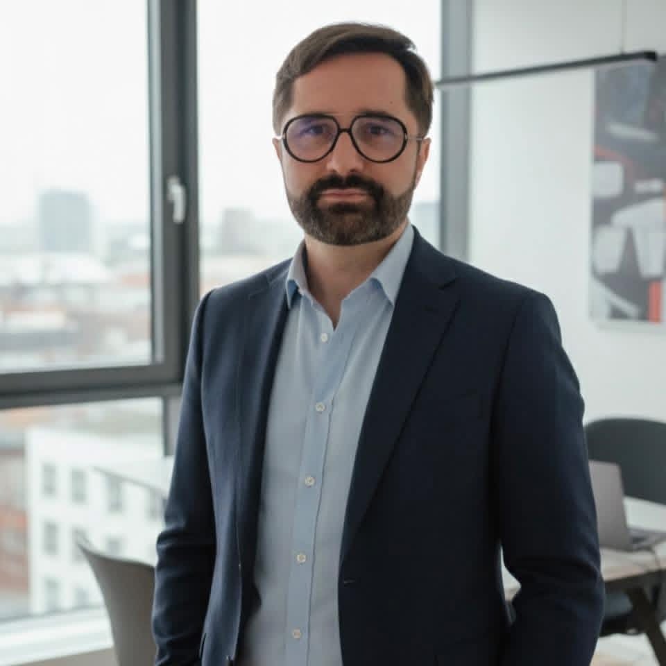 Portret mężczyzny w okularach i garniturze na tle okna biurowego. Profesjonalny wygląd, sugerujący doradztwo biznesowe lub finansowe.