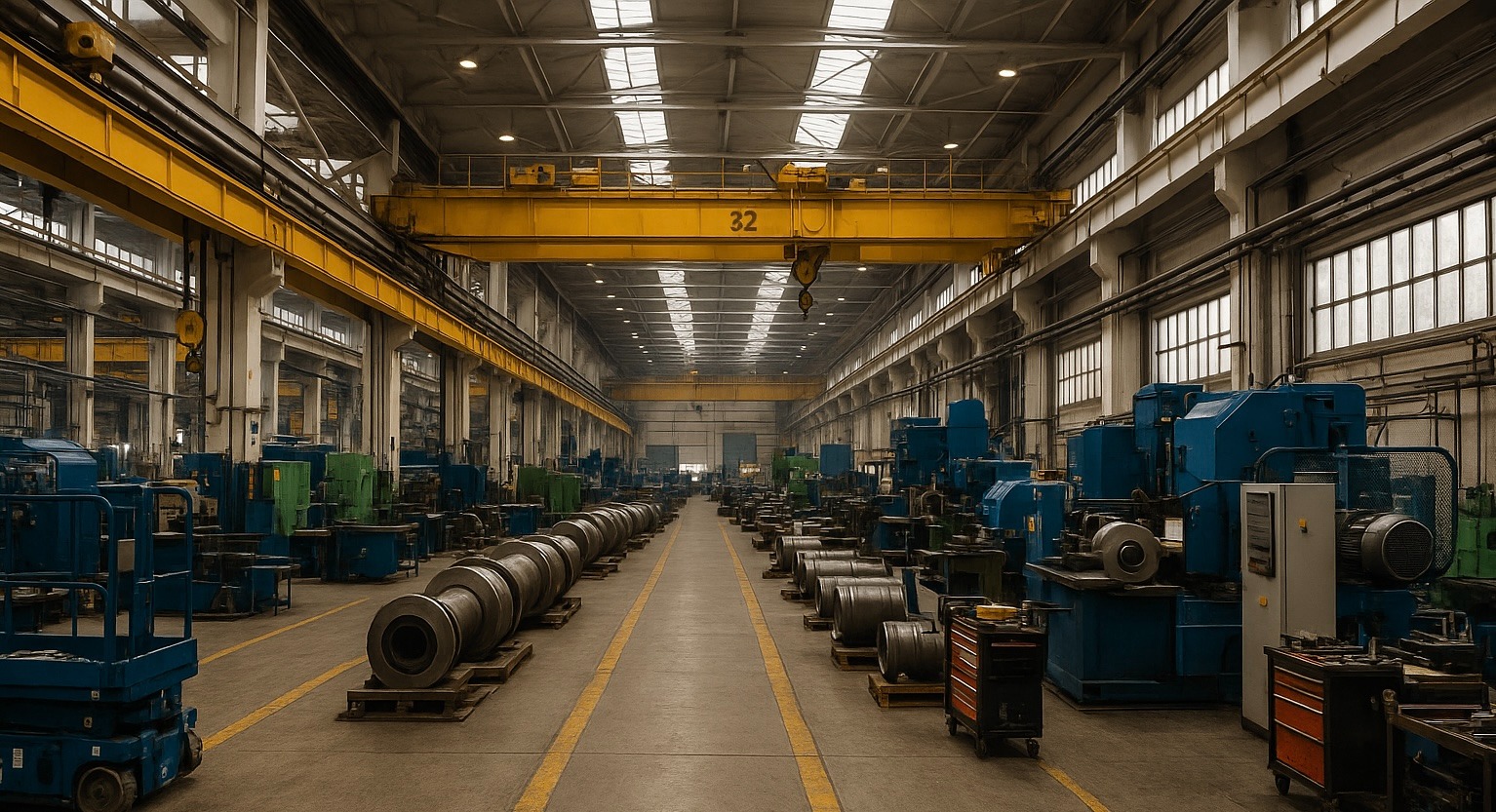 Wnętrze hali produkcyjnej w Gdańsku z suwnicą i maszynami. Długi kadr z perspektywą zbieżną, maszyny ustawione w rzędach po obu stronach korytarza.