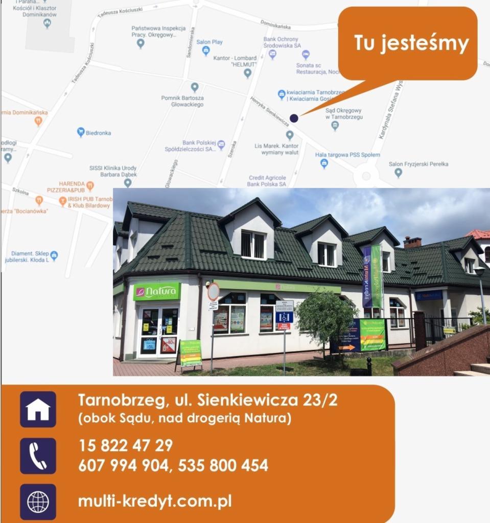Zdjęcie budynku w Tarnobrzegu przy ulicy Sienkiewicza 23/2, z widocznym szyldem 'multi-kredyt.com.pl' oraz informacją o lokalizacji 'obok Sądu, nad drogerią Natura'.