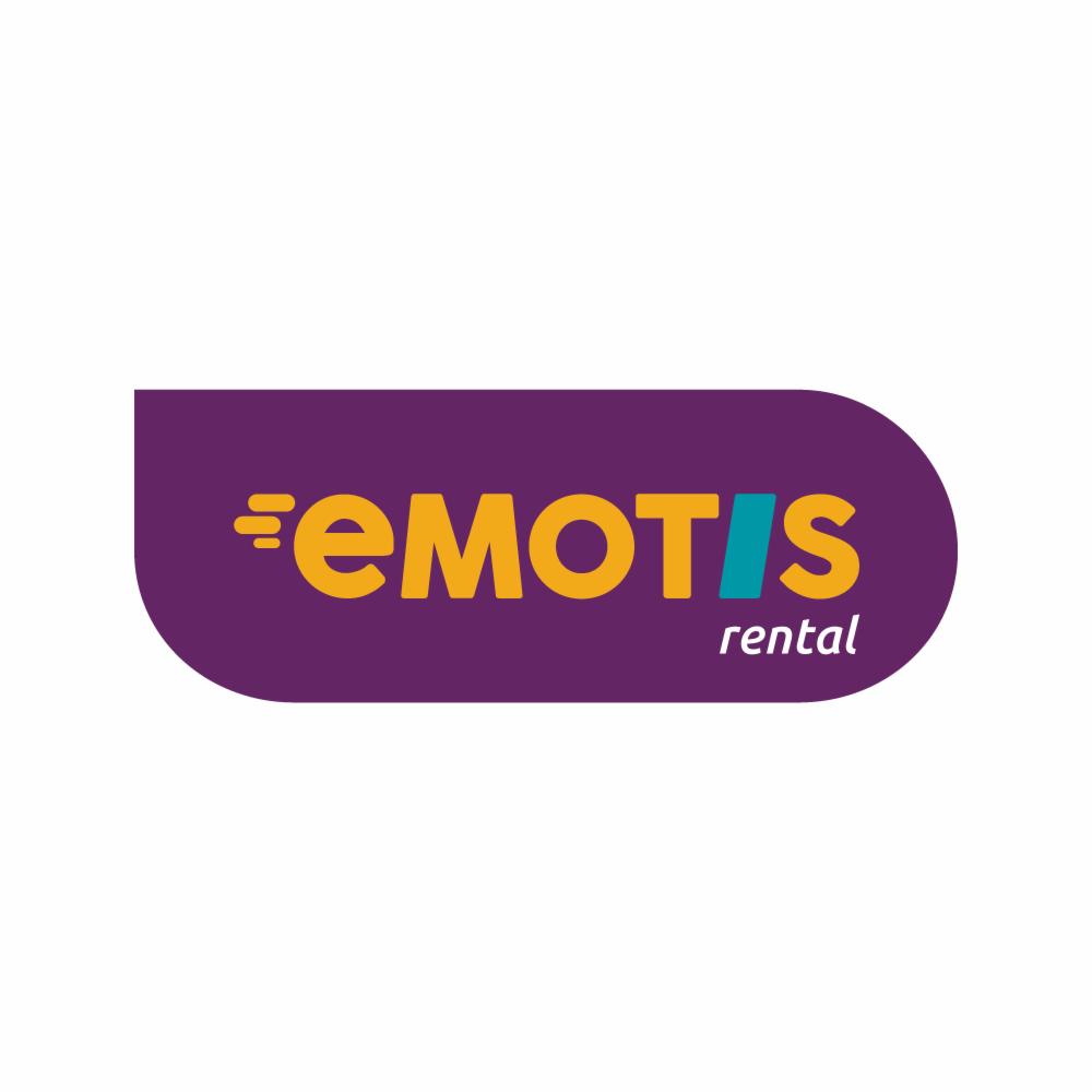 Logo firmy Emotis Rental w kolorze fioletowym, żółtym i turkusowym, z napisem 'rental' mniejszą czcionką poniżej.