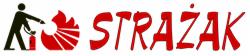 Logo firmy 'Strażak' przedstawiające sylwetkę osoby gaszącej ogień gaśnicą, z nazwą firmy napisaną czerwonymi literami.