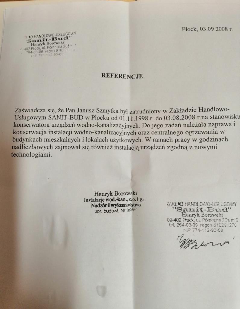 Skan dokumentu referencyjnego dla firmy 'Sanit-Bud' z Płocka, datowany na 03.09.2008, potwierdzający zatrudnienie Janusza Szmytki na stanowisku konserwatora urządzeń wodno-kanalizacyjnych...