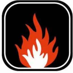 Stylizowany płomień w kolorze pomarańczowo-białym na czarnym, zaokrąglonym kwadracie.