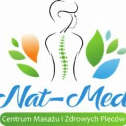 Logo firmy Nat-Med Centrum Masażu i Zdrowych Pleców z graficznym przedstawieniem kręgosłupa i liści w kolorach zieleni, pomarańczu i błękitu.
