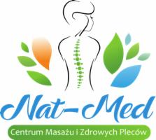 Logo firmy Nat-Med Centrum Masażu i Zdrowych Pleców z graficznym przedstawieniem kręgosłupa i liści w kolorach zieleni, pomarańczu i błękitu.