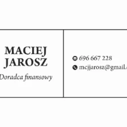 Wizytówka doradcy finansowego Macieja Jarosza z numerem telefonu i adresem email.