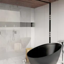 Minimalistyczna łazienka z czarną, owalną wanną wolnostojącą, marmurową ścianą prysznicową i drewnianym sufitem panelowym.