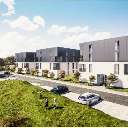 Wizualizacja osiedla domów jednorodzinnych z płaskimi dachami, z dwoma postaciami na pierwszym planie i logo architektoniczne w prawym górnym rogu.