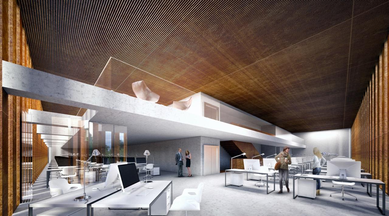 Wizualizacja przestronnego biura z antresolą, drewnianym sufitem lamelowym i betonowymi elementami konstrukcyjnymi. Widoczne stanowiska pracy z białymi biurkami i krzesłami, oraz osoby...