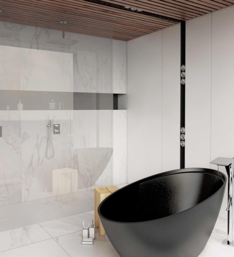 Minimalistyczna łazienka z czarną, owalną wanną wolnostojącą, marmurową ścianą prysznicową i drewnianym sufitem panelowym.