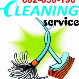 Grafika z numerem telefonu 602-650-190, napisem 'CLEANING service' oraz stylizowanymi mopem i szczotką na zielono-białym tle.