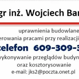 Wizytówka mgr inż. Wojciecha Bartnika z uprawnieniami budowlanymi do kierowania pracami przy realizacji budowy, numer telefonu i adres e-mail.