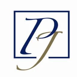 Elegancki logotyp z granatową literą 'P' i złotą literą 'J' w kwadratowej ramce na białym tle. Minimalistyczny design.