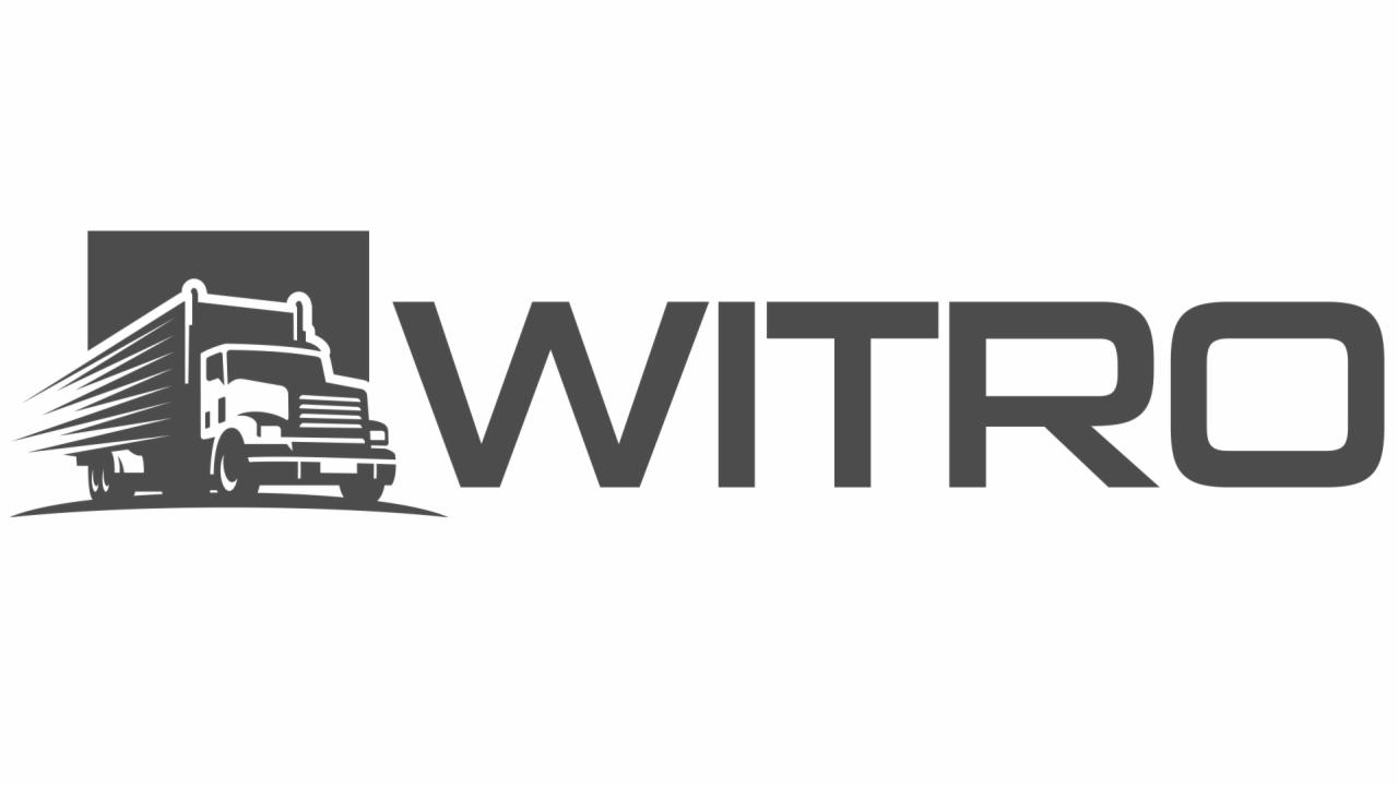 Szare logo firmy transportowej WITRO z sylwetką ciężarówki z naczepą, umieszczoną w ciemnoszarym kwadracie po lewej stronie nazwy firmy.