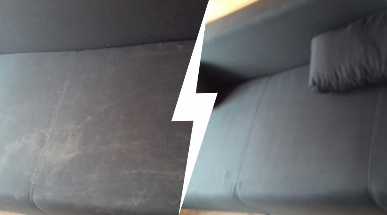 Porównanie fragmentu czarnej kanapy przed i po czyszczeniu, widoczne różnice w odcieniu i usunięte zabrudzenia, z zaakcentowaną linią szwu.