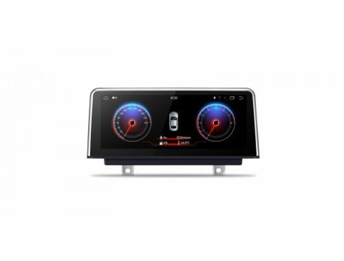 Wyświetlacz samochodowy z interfejsem prezentującym dane pojazdu: prędkościomierz, obroty, poziom paliwa i temperaturę, na białym tle.