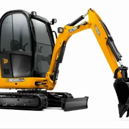 Żółta minikoparka JCB 8020 CTS na białym tle, widoczna kabina operatora i łyżka koparki.