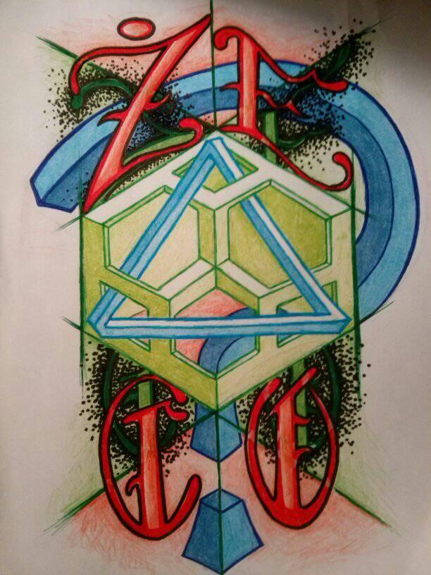 Ręcznie rysowany, kolorowy projekt graficzny z geometrycznym sześcianem i stylizowanymi literami Z, A, C, E w czerwieni i błękicie, otoczony zielonymi i czarnymi detalami.