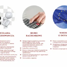 Kompozycja graficzna przedstawiająca trzy ikony: symbol paragrafu z postacią, kalkulator z dłonią i flagę Unii Europejskiej, reprezentujące kolejno kancelarię odszkodowawczą, biuro rachunkowe...