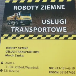 Wizytówka firmy oferującej roboty ziemne i usługi transportowe, z grafiką ciężarówki i danymi kontaktowymi.