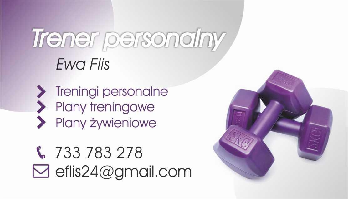 Wizytówka trenera personalnego Ewy Flis ze Stalowej Woli, oferującej treningi i plany żywieniowe, obok fioletowe hantle.