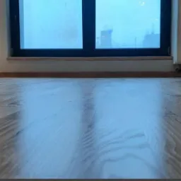 Parkiet po cyklinowaniu, widoczna maszyna do cyklinowania w tle, duże okno z widokiem na miasto.