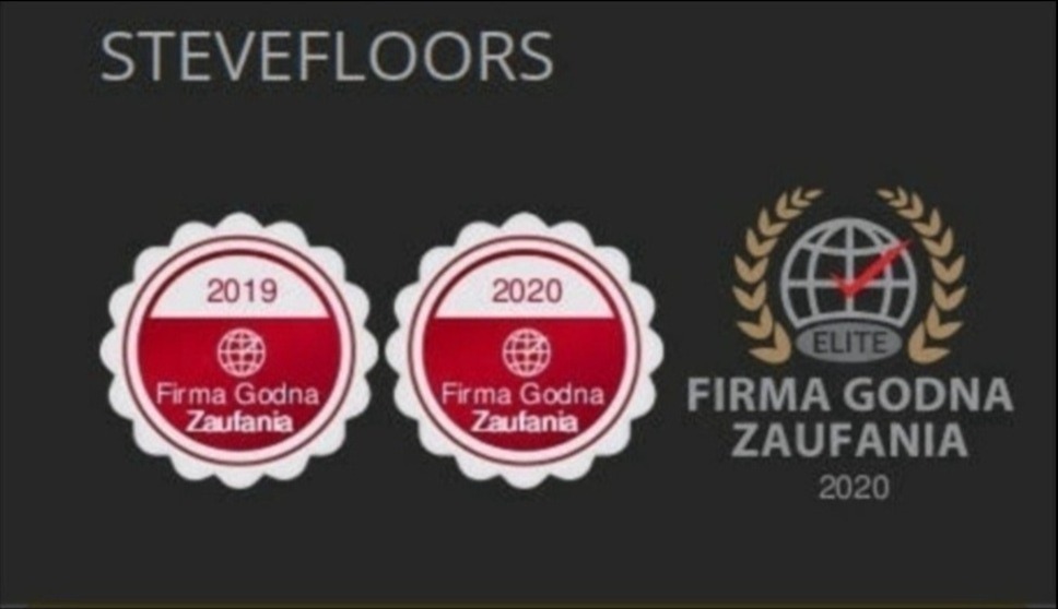 Logo firmy Stevefloors prezentujące certyfikaty 'Firma Godna Zaufania' za lata 2019, 2020 oraz Elite Firma Godna Zaufania 2020, na ciemnoszarym tle.