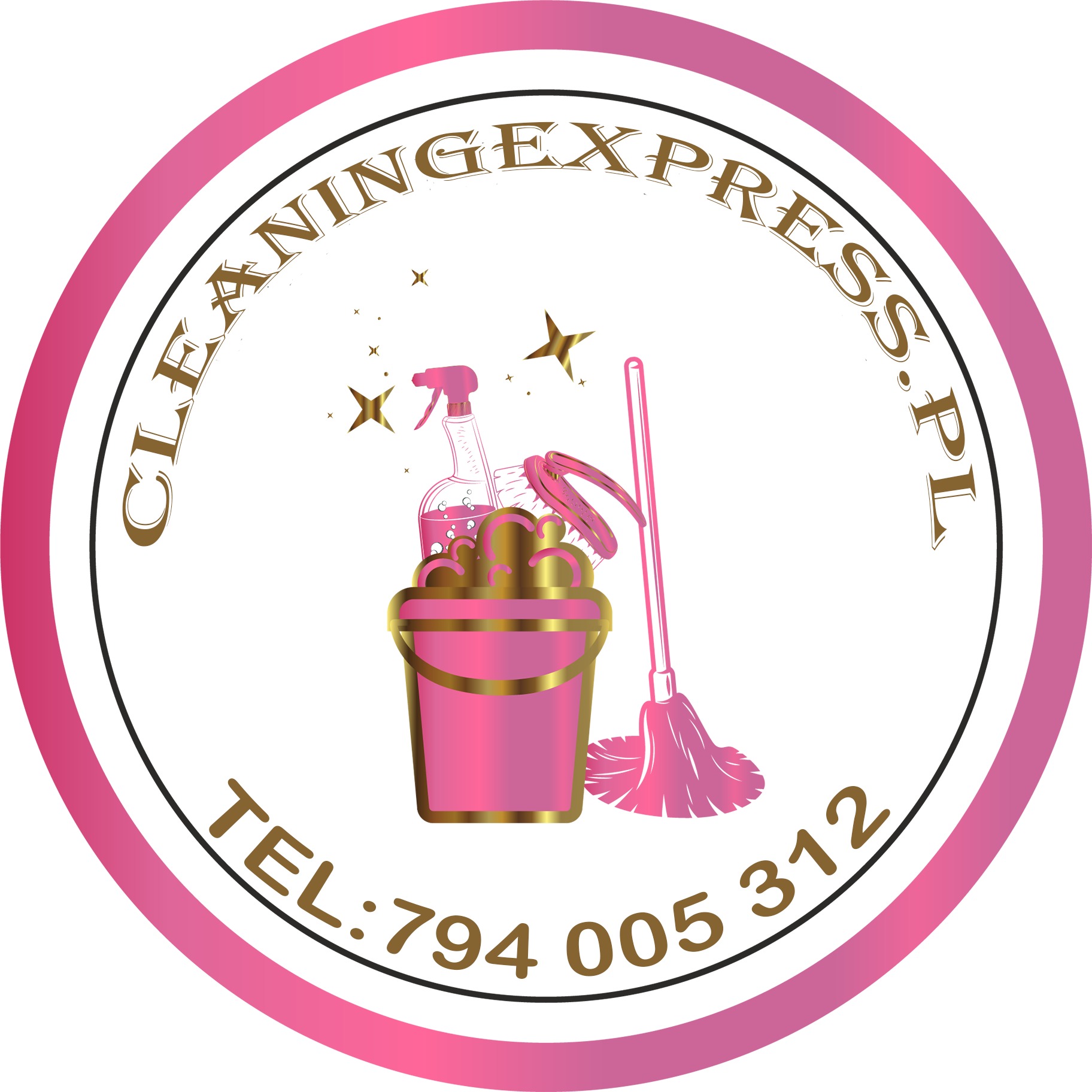 Różowo-złoty okrągły logotyp firmy sprzątającej z wiadrem, środkiem czyszczącym w sprayu, szczotką i mopem, otoczony napisem 'CLEANINGEXPRESS.PL' i numerem telefonu.