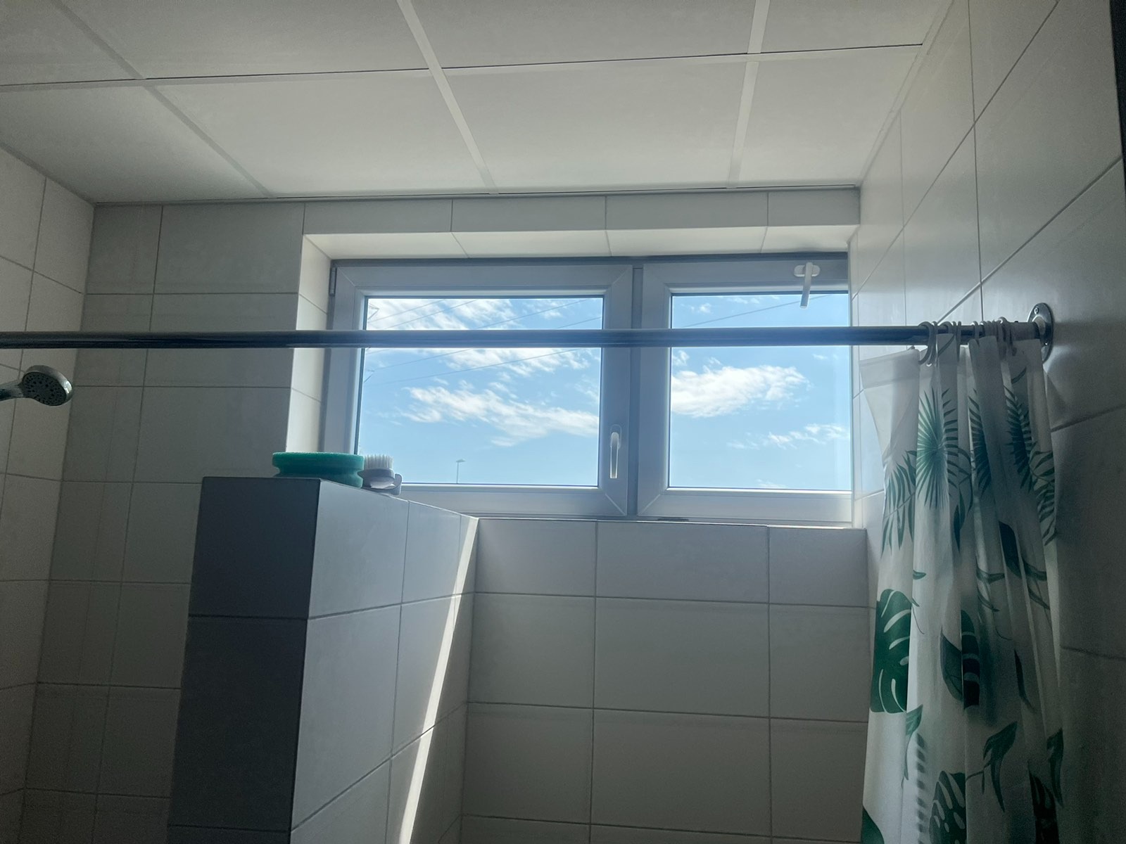 Wnętrze łazienki z białą glazurą, kabiną prysznicową z zasłoną w zielone liście i oknem z widokiem na błękitne niebo.