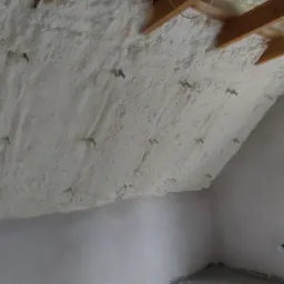 Poddasze po natrysku izolacji, widoczne kołki mocujące, drewniane elementy konstrukcji dachu, okno i fragment drabiny w tle.