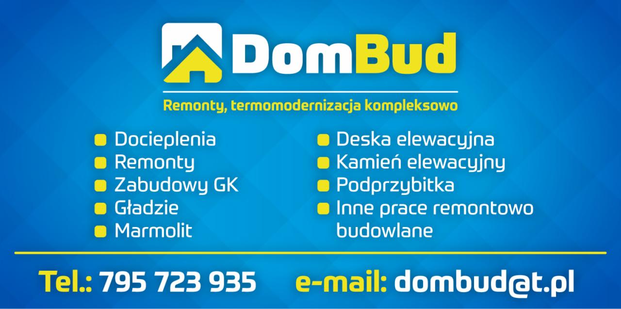 Logo firmy DomBud oferującej remonty, termomodernizacje, docieplenia, zabudowy GK, gładzie, marmolit, deski elewacyjne, kamień elewacyjny, podprzybitki i inne prace remontowo-budowlane. Kontakt...
