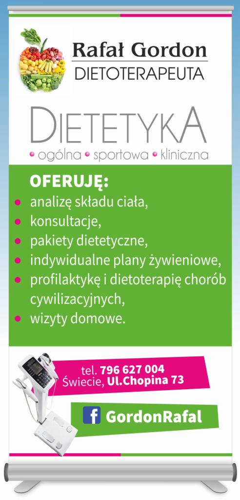 Roll-up reklamowy z ofertą gabinetu dietetycznego Rafała Gordona, obejmującą analizę składu ciała, konsultacje, pakiety dietetyczne, indywidualne plany żywieniowe, profilaktykę i wizyty domowe,...